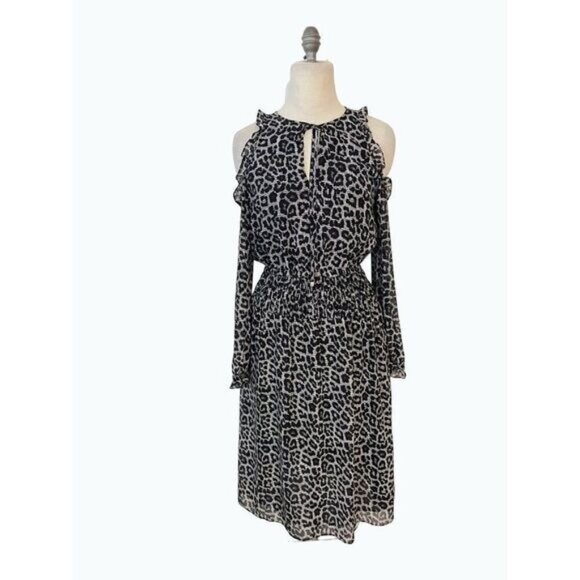 Michael Kors Cold Shoulder Gray Black Leopard Print Dress Small - Picture 1 of 5